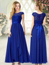 Royal Blue Empire Chiffon Scoop Cap Sleeves Lace Ankle Length Zipper Evening Dress