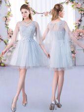 High Class Scoop 3 4 Length Sleeve Quinceanera Court of Honor Dress Mini Length Lace Grey Tulle