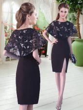 Amazing Half Sleeves Satin Knee Length Lace Up Prom Evening Gown in Black with Lace