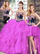 Fuchsia Tulle Lace Up Sweetheart Sleeveless Floor Length Sweet 16 Dresses Beading and Embroidery