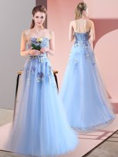 Free and Easy Blue Sleeveless Floor Length Appliques Lace Up Prom Dresses