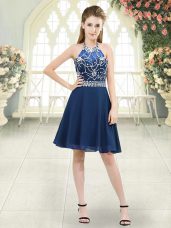 Gorgeous Blue Chiffon Zipper Halter Top Sleeveless Knee Length Prom Party Dress Beading