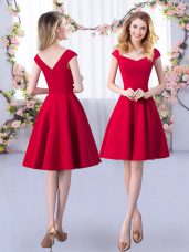 Ruching Quinceanera Court Dresses Red Zipper Cap Sleeves Knee Length