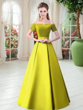 Yellow Green Homecoming Dress Prom and Party with Belt Off The Shoulder Short Sleeves Lace Up