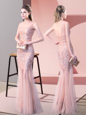 Customized Tulle Scoop Sleeveless Backless Sequins Prom Party Dress in Pink