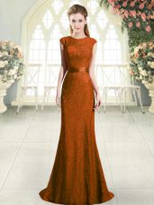 Scoop Cap Sleeves Sweep Train Backless Prom Evening Gown Brown