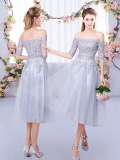 Most Popular Off The Shoulder Half Sleeves Zipper Bridesmaids Dress Grey Tulle