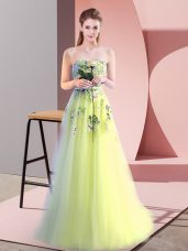 Affordable Yellow Green Lace Up Prom Party Dress Appliques Sleeveless Floor Length