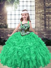 Nice Floor Length Green Little Girls Pageant Dress Wholesale Organza Sleeveless Embroidery and Ruffles