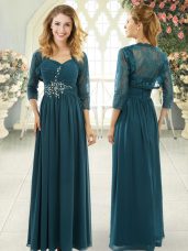 Sweetheart Short Sleeves Sweep Train Zipper Prom Party Dress Teal Chiffon