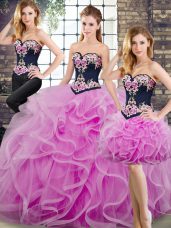 Custom Fit Beading and Embroidery and Ruffles Quinceanera Gown Lilac Lace Up Sleeveless Sweep Train