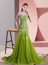 Glorious Backless Evening Wear Olive Green for Prom and Party and Military Ball with Beading and Appliques Sweep Train