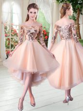Discount Peach Lace Up Prom Dresses Sequins 3 4 Length Sleeve High Low