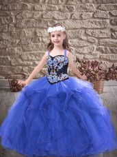 Exquisite Royal Blue Sleeveless Embroidery and Ruffles Floor Length Kids Pageant Dress