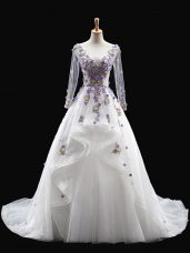 White A-line Tulle Scoop Long Sleeves Appliques Backless 15 Quinceanera Dress Brush Train
