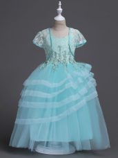 Enchanting Sleeveless Tulle Floor Length Zipper Flower Girl Dresses for Less in Aqua Blue with Appliques
