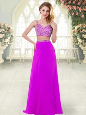 Trendy Purple Two Pieces Chiffon Straps Sleeveless Beading Floor Length Zipper Juniors Evening Dress