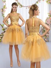 New Style Knee Length Gold Dama Dress Tulle Cap Sleeves Lace and Bowknot