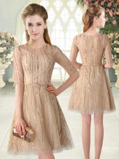 Half Sleeves Tulle Mini Length Zipper Prom Dresses in Champagne with Sequins