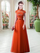 Orange Red Cap Sleeves Tulle Lace Up Evening Outfits for Prom