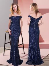 Superior Sequined Off The Shoulder Sleeveless Zipper Ruching Womens Evening Dresses in Navy Blue