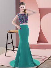 Fine Two Pieces Sleeveless Turquoise Prom Dresses Sweep Train Backless