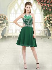 Knee Length Dark Green Evening Dress Chiffon Sleeveless Beading