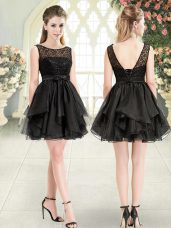 Black A-line Beading and Lace Teens Party Dress Lace Up Organza Sleeveless Mini Length