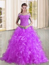 Purple Lace Up Sweet 16 Dress Beading and Lace and Ruffles Sleeveless Sweep Train