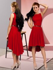 Fine Red A-line Belt Prom Party Dress Lace Up Sleeveless High Low