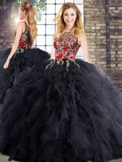 Low Price Sleeveless Floor Length Embroidery and Ruffles Zipper Vestidos de Quinceanera with Black