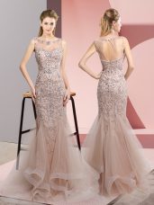 Flare Tulle Scoop Sleeveless Zipper Beading in Brown