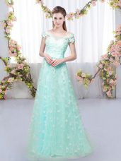 Latest Apple Green Cap Sleeves Appliques Floor Length Bridesmaids Dress