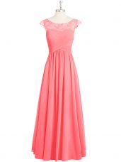 Floor Length Pink Dress for Prom Scoop Cap Sleeves Zipper