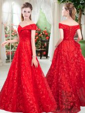 Red Lace Up Off The Shoulder Beading Prom Evening Gown Lace Sleeveless