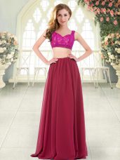 Hot Sale Wine Red Two Pieces Beading and Lace Evening Party Dresses Zipper Chiffon Sleeveless Floor Length