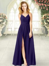 Spectacular Purple Party Dresses Prom and Party with Ruching Halter Top Sleeveless Zipper