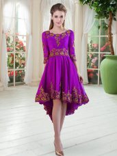 Fashion Long Sleeves Satin High Low Prom Party Dress in Purple with Embroidery