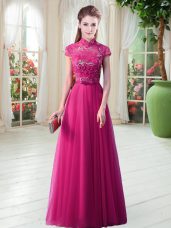 Perfect Hot Pink Empire High-neck Short Sleeves Tulle Floor Length Lace Up Lace Dress for Prom
