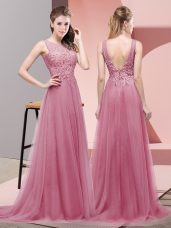 High Class Pink Prom Dresses Tulle Sweep Train Sleeveless Lace