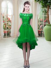 Top Selling Green Off The Shoulder Neckline Appliques Prom Dresses Short Sleeves Lace Up