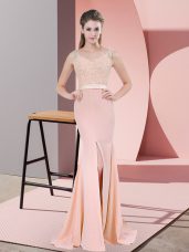 Chiffon Sleeveless Evening Party Dresses Sweep Train and Beading and Lace