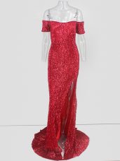 Decent Red Off The Shoulder Sequins Evening Dress Short Sleeves Sweep Train