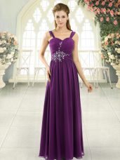 Chiffon Spaghetti Straps Sleeveless Lace Up Beading and Ruching in Dark Purple