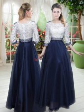 Beauteous Navy Blue A-line Organza Scoop 3 4 Length Sleeve Beading and Lace Floor Length Zipper Dress for Prom