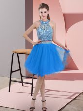 Custom Fit Blue Sleeveless Knee Length Beading Backless Homecoming Dress