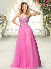 Hot Pink Tulle Zipper Sweetheart Sleeveless Floor Length Evening Outfits Beading