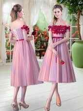 Customized Pink Tulle Lace Up Off The Shoulder Sleeveless Tea Length Evening Dress Appliques
