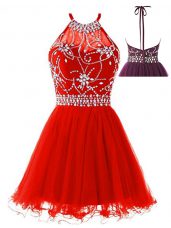 Affordable Red Sleeveless Mini Length Beading Backless Prom Dresses