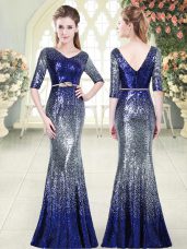 Free and Easy Floor Length Zipper Prom Dresses Royal Blue for Prom and Party and Military Ball with Belt